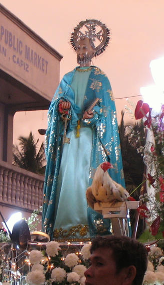 Procession showing Saint Peter with keys and rooster, from a Holy Week procession in Ivisan, Philippines.